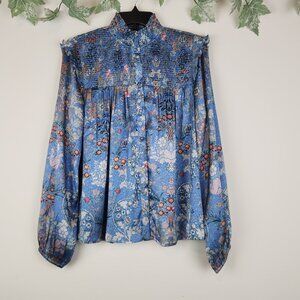 Anthropologie de novo Size S Blue Boho Floral Long Sleeve Ruffle Smocked Top